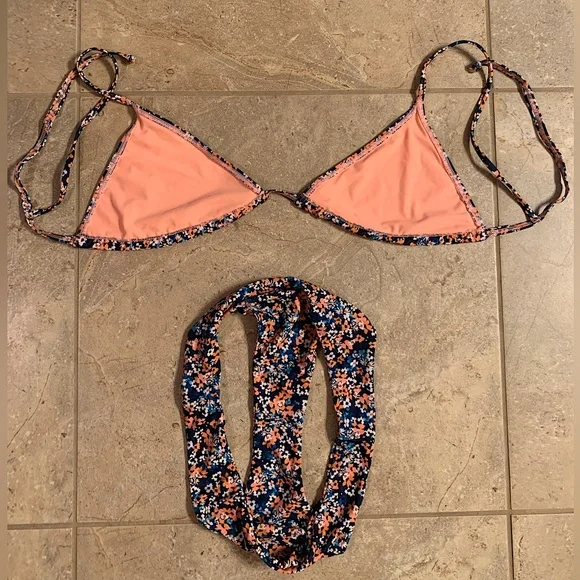 Shein Blue Orange Floral String Triangle Top Cheeky Bikini Set - Size Medium - Picture 2 of 8